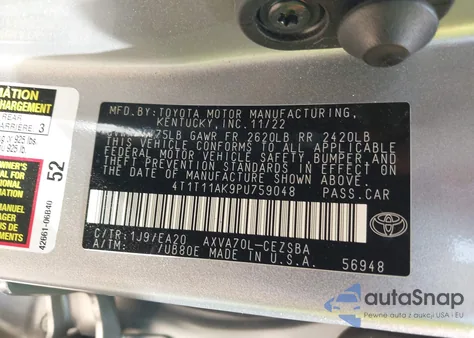 2023 Toyota Camry Se z USA, uszkodzony, nr VIN 4T1T11AK9PU759048